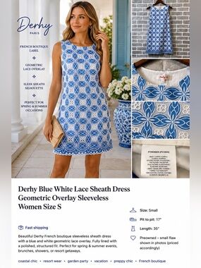 Derhy Blue White Lace Sheath Dress Small Geometric  Sleeveless French Boutique